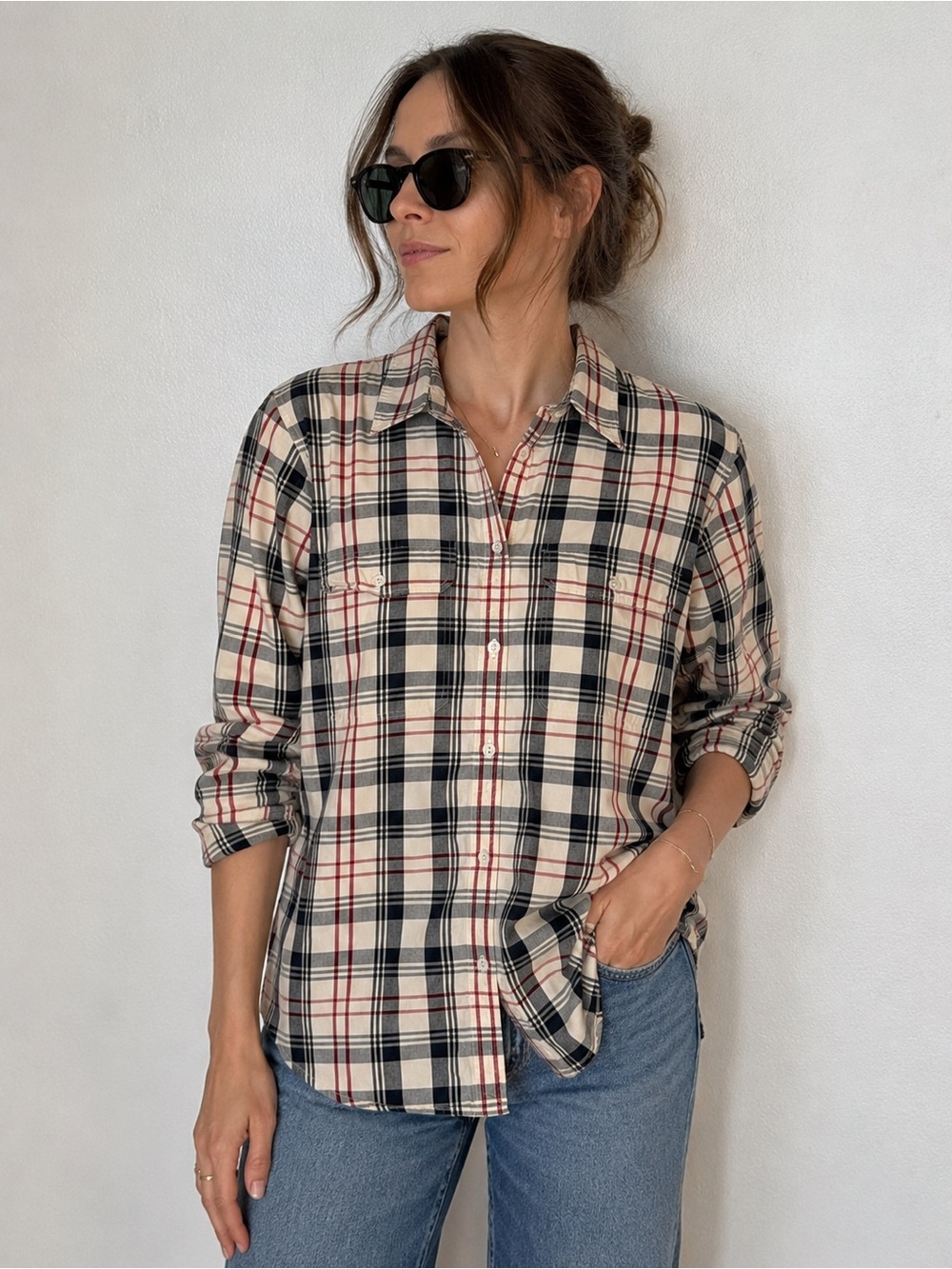 Lauren Ralph RLL cotton plaid button-down shirt blouse long sleeve size L